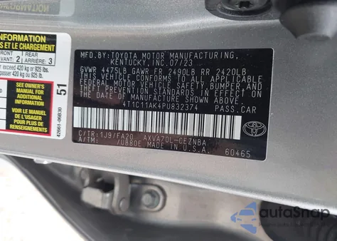 2023 Toyota Camry Le z USA, uszkodzony, nr VIN 4T1C11AK4PU832374